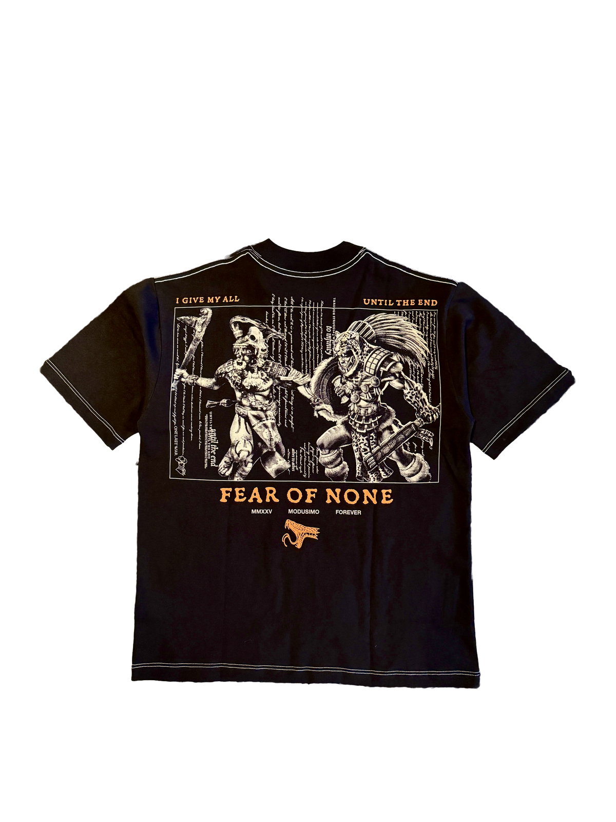 Fear of None Premium oversized tee in black, back flat lay with gold warrior and skeleton print