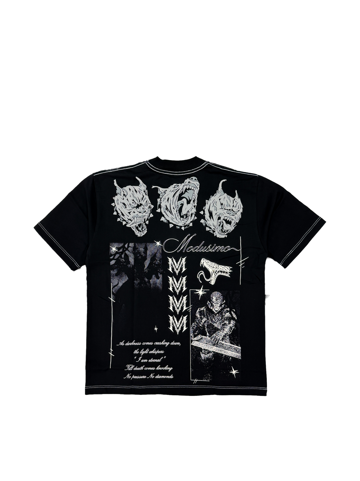 Sacrifice Premium oversized tee in black, back flat lay with white demon mask and Modusimo script print