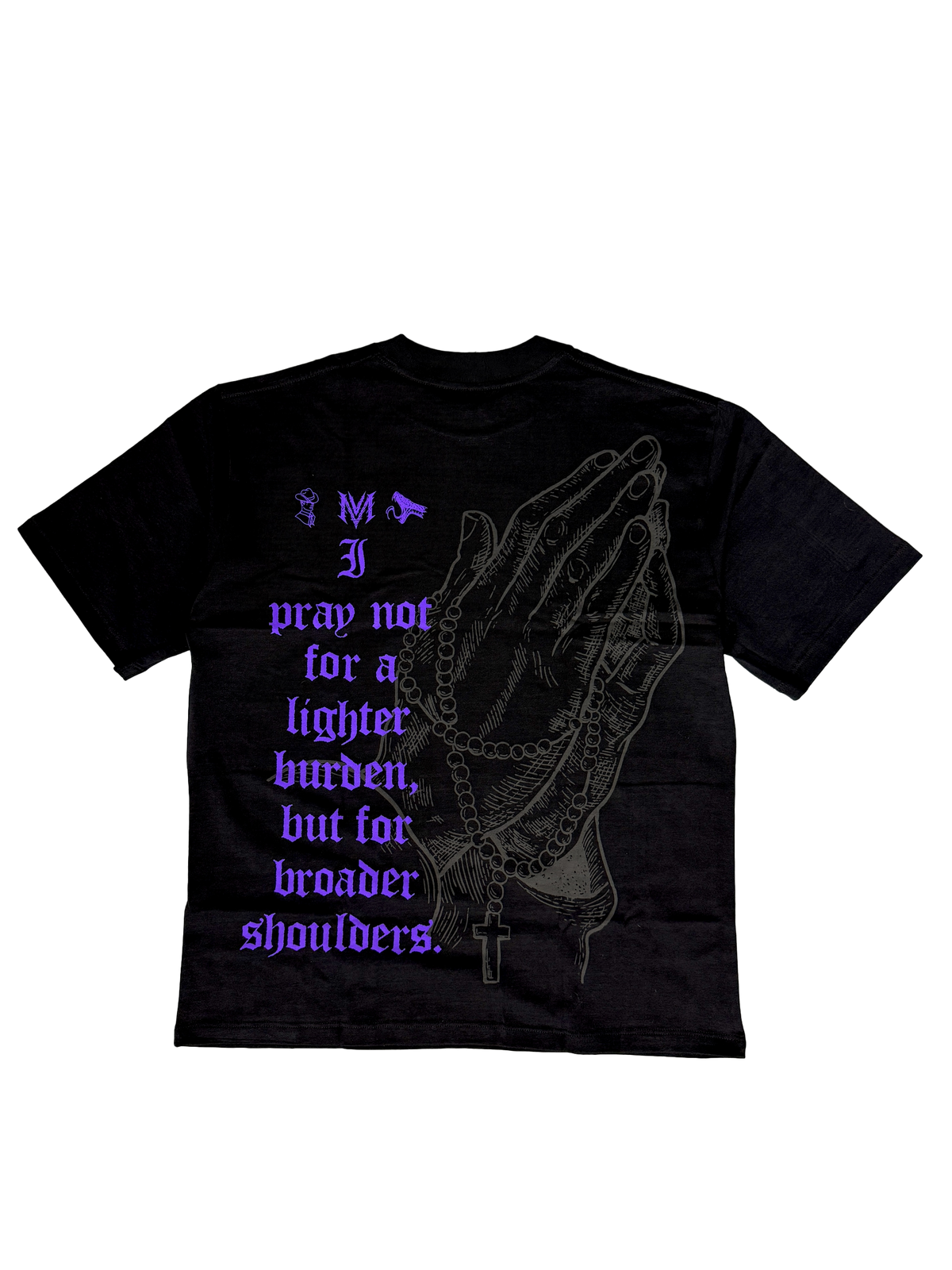 Strength and Power Premium oversized tee in black, back flat lay with purple scripture text print