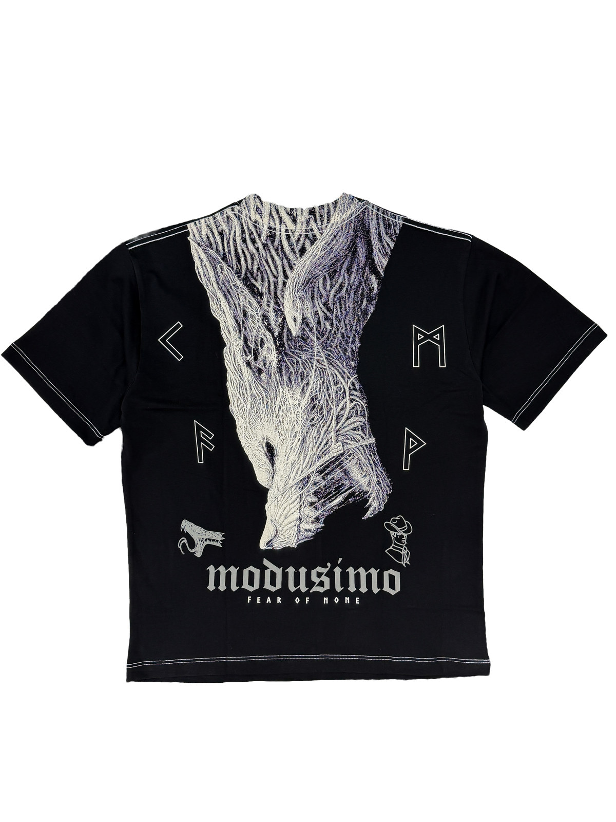 Fenrir Premium oversized tee in black, back flat lay with white wolf print and Modusimo logo