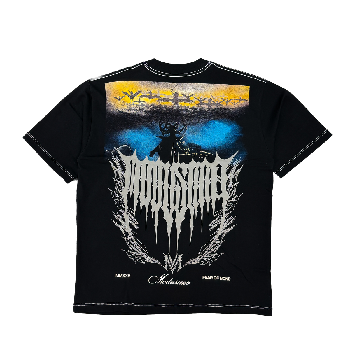 Ragnarok Premium oversized tee in black, back flat lay with blue and gold Modusimo metal logo print