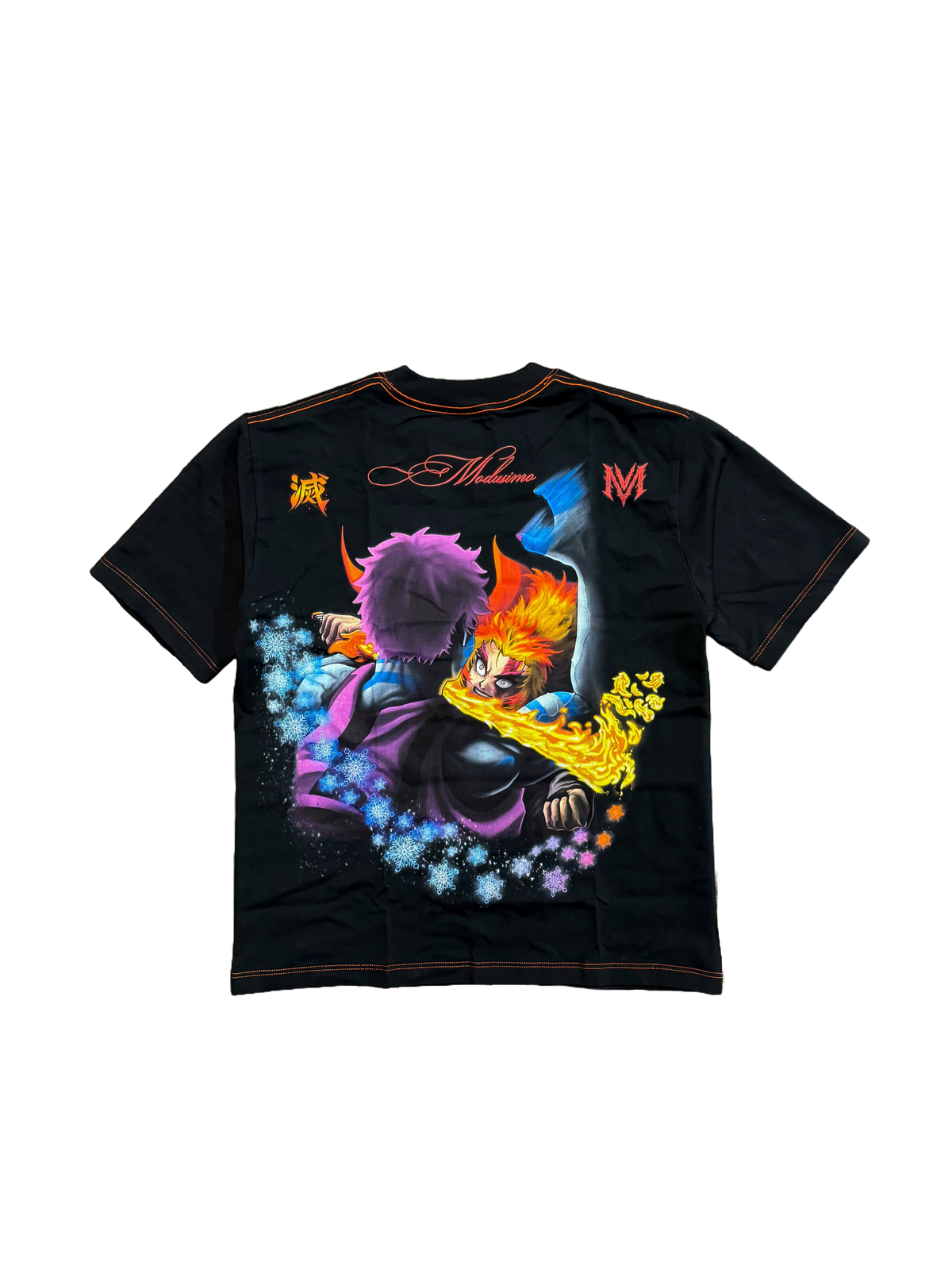 Ablaze Premium oversized tee in black, back flat lay with purple-haired fighter, flame and snowflake print
