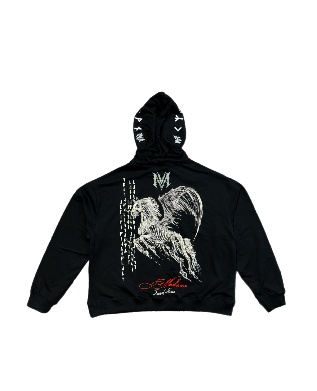 Black hoodie with a white graphic design on the back against a white background