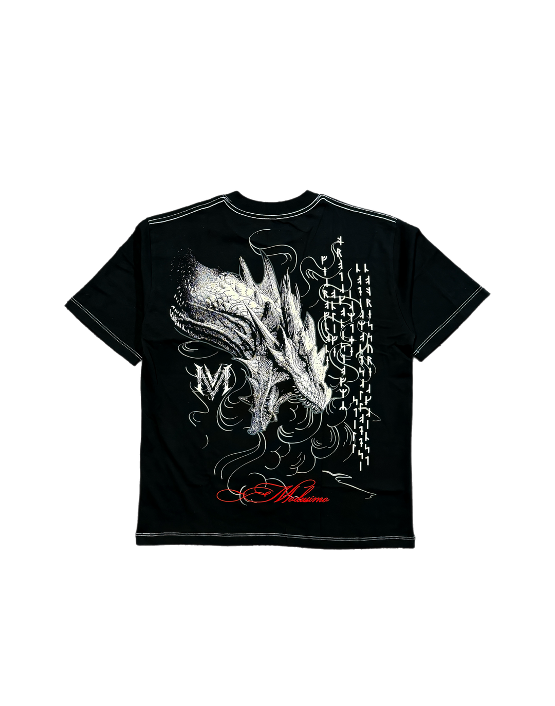 Black t-shirt with white dragon design on a white background