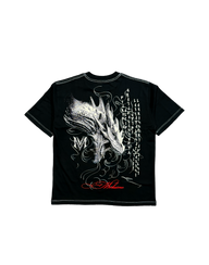 Warmonger Premium oversized tee in black, back flat lay with white dragon print and red script