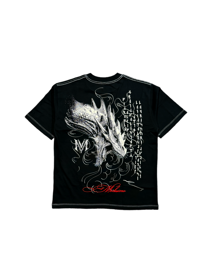 Black t-shirt with white dragon design on a white background