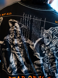Close-up of the Fear of None warrior and skeleton back print on the black Premium tee