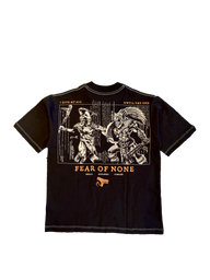 Fear of None Premium oversized tee in black, back flat lay with gold warrior and skeleton print