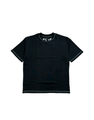 Warmonger Premium oversized tee in black with contrast stitching, front flat lay