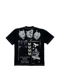 Sacrifice Premium oversized tee in black, back flat lay with white demon mask and Modusimo script print