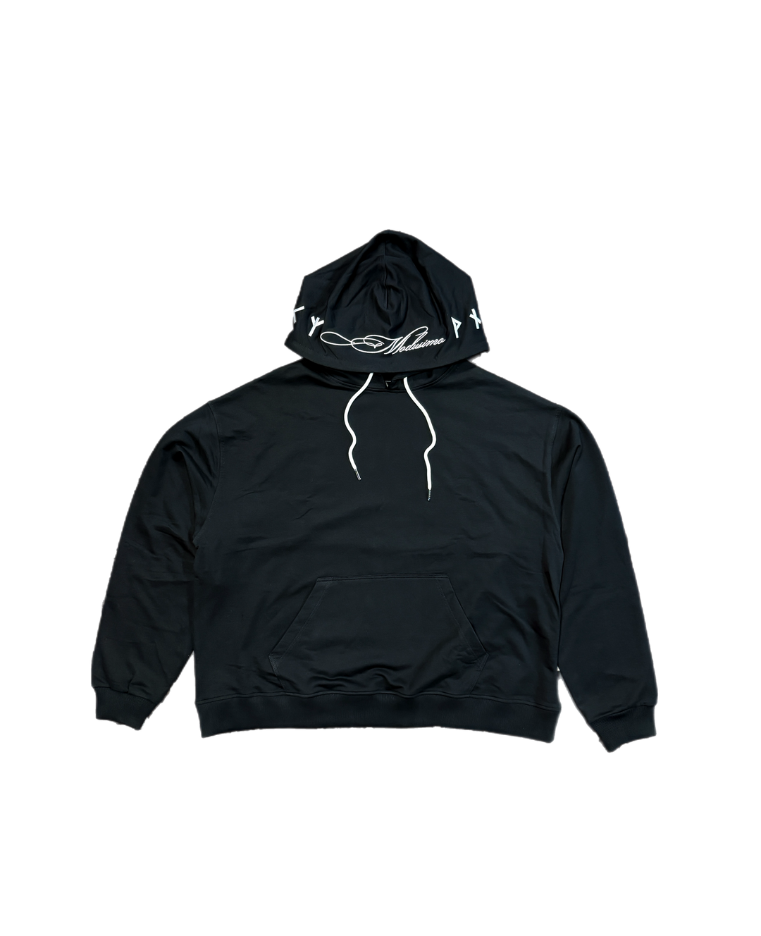 Black hoodie with white drawstrings on a white background