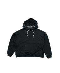Into Battle stringed hoodie in black with drawstrings, front flat lay