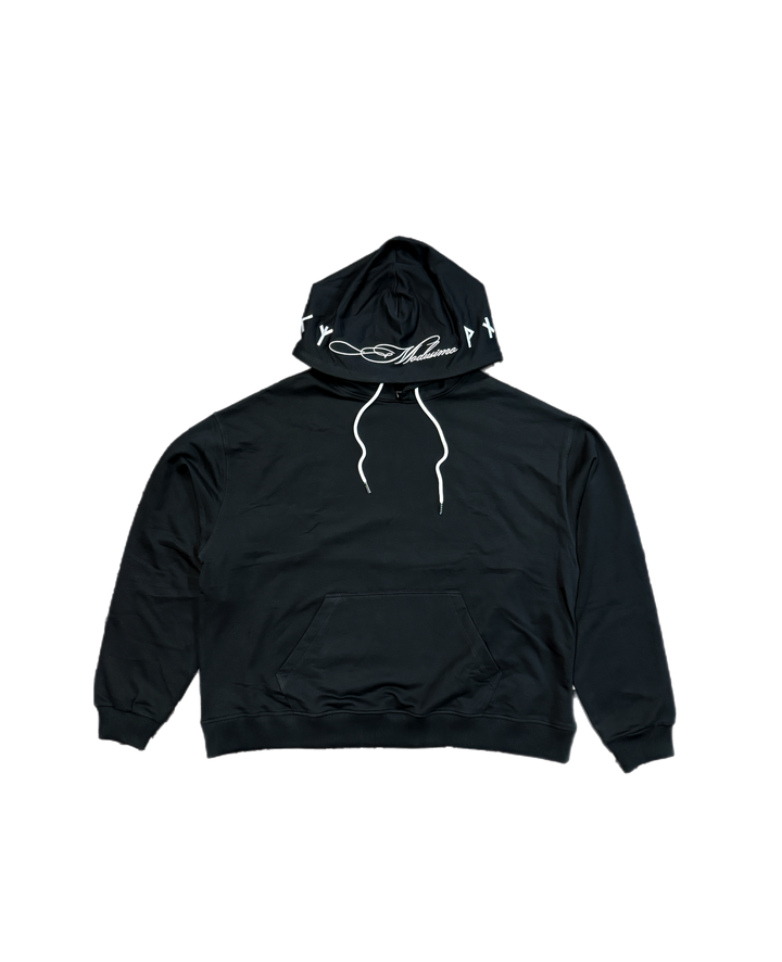 Black hoodie with white drawstrings on a white background
