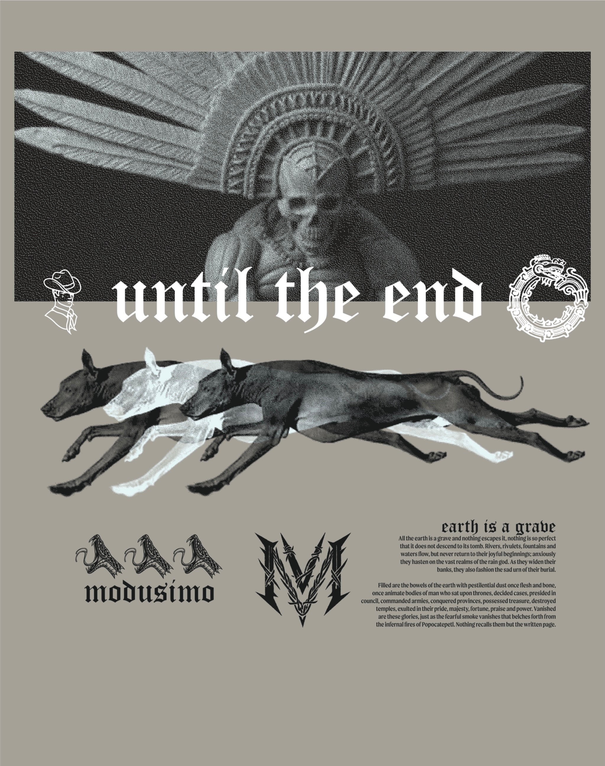 Album cover with skeleton, dog, and text 'until the end' on a gray background