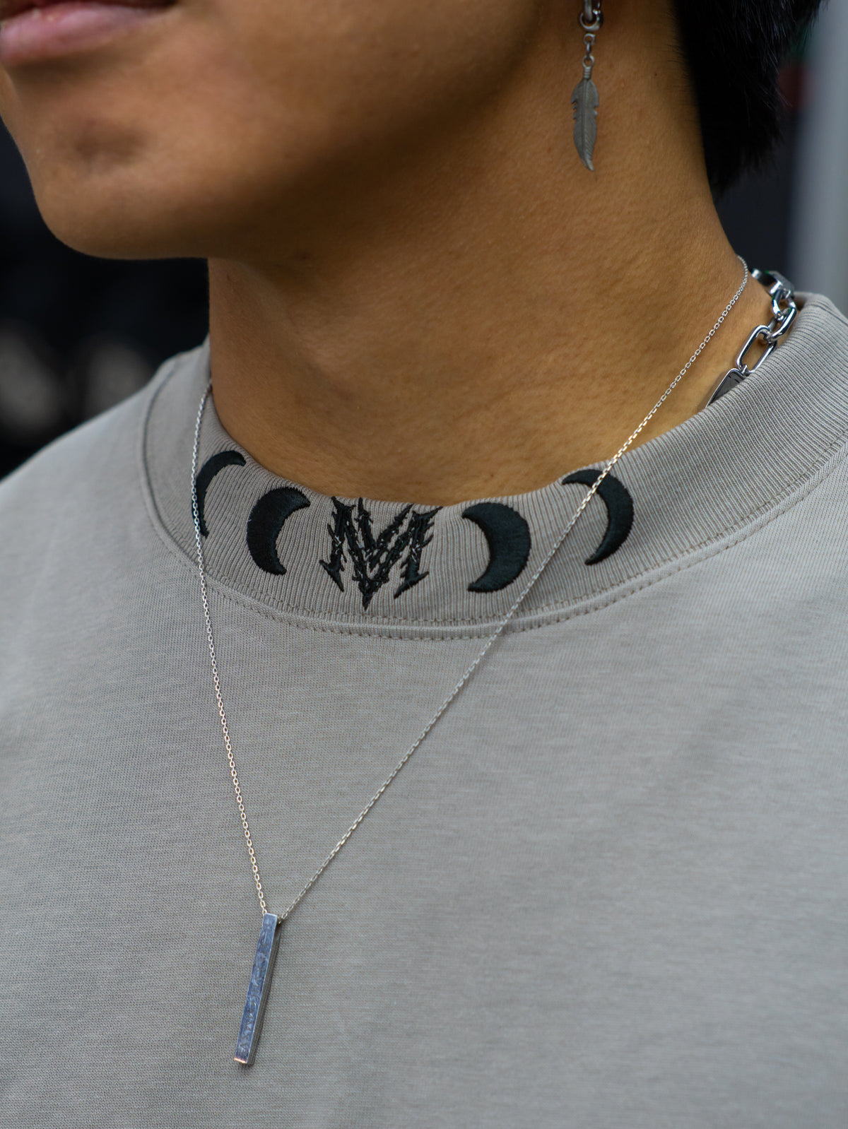 Collar detail with moon phase neck print on the Chase the Night Premium oversized tee in snakestone — second view