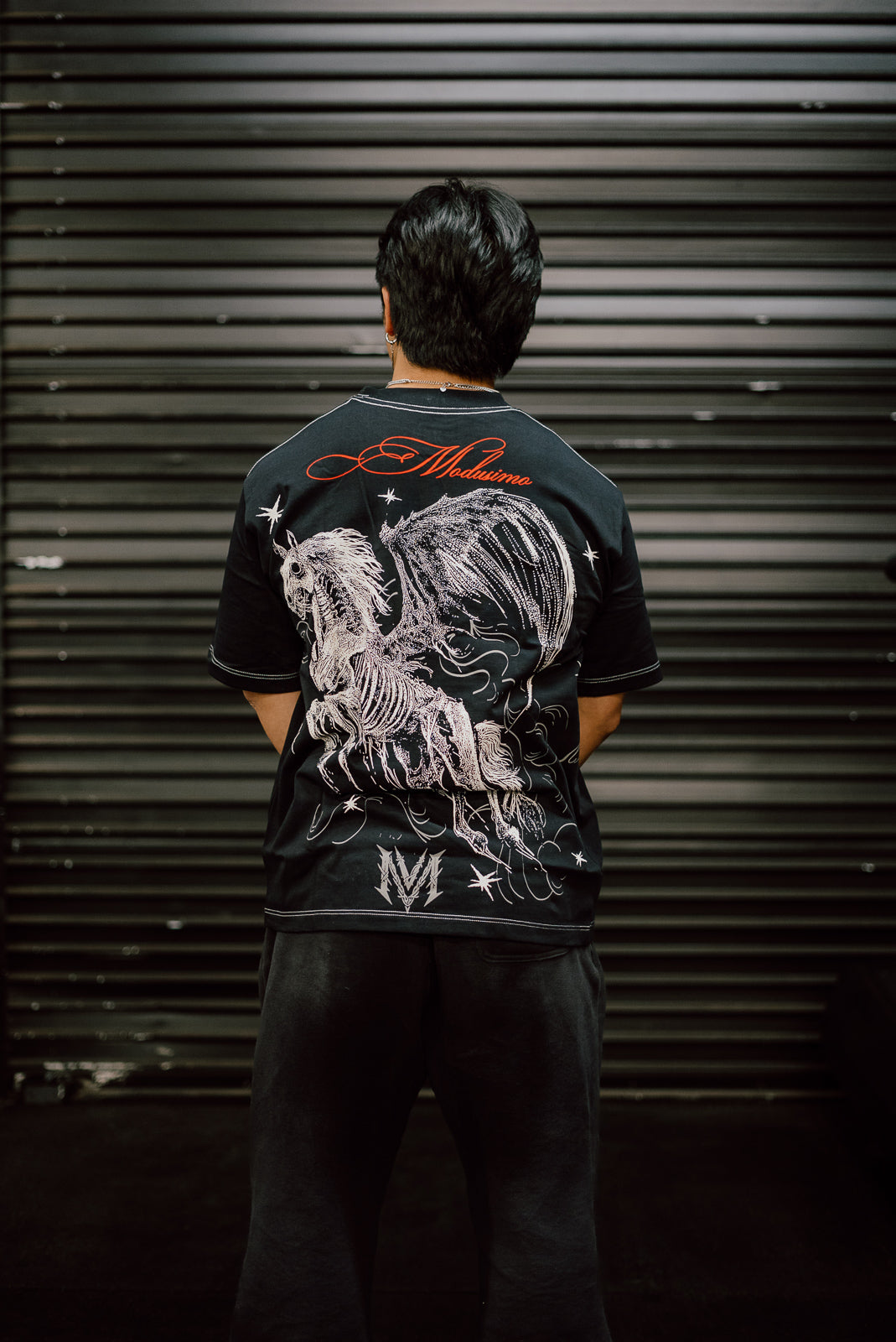Model from behind wearing the Pitch Black Premium oversized tee with winged horse back print — second view