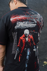 Close-up of the Let's Rock! red and white back print with Modusimo script on the black tee