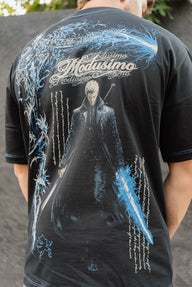 Detail of the blue lightning swordsman back print on the Motivated Premium oversized tee in black