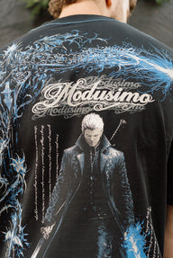 Close-up of the Motivated back print with Modusimo script and blue lightning, black Premium tee