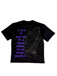 Strength and Power Premium oversized tee in black, back flat lay with purple scripture text print