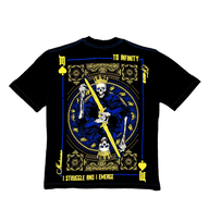 Royal Flush Premium oversized tee in black, back flat lay with blue and gold playing card print