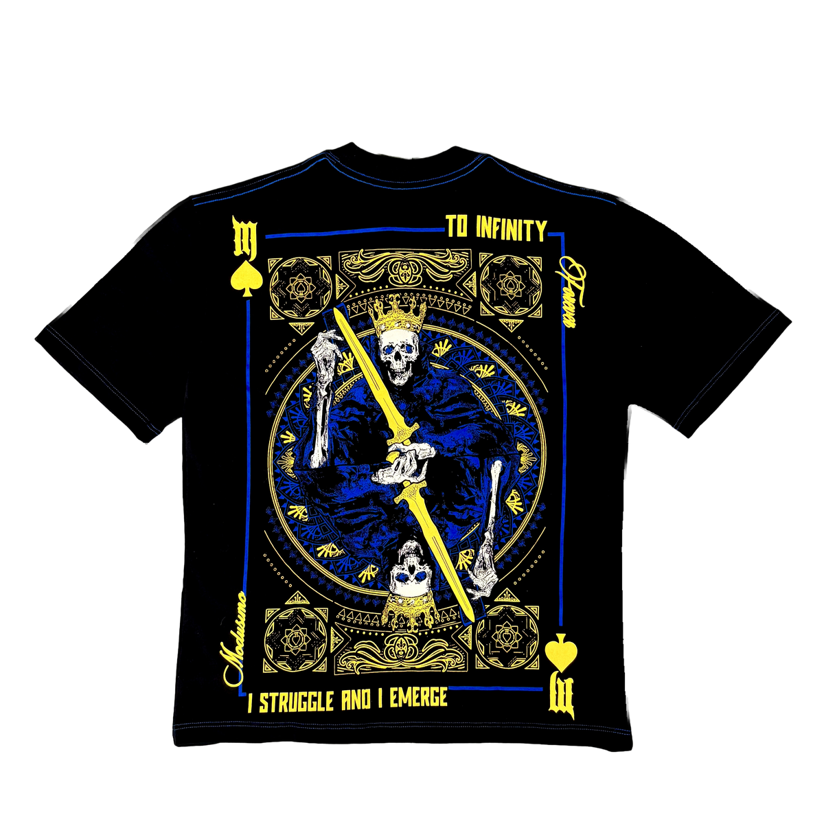Royal Flush Premium oversized tee in black, back flat lay with blue and gold playing card print