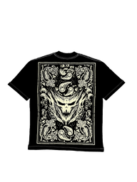 Strength Within Premium oversized tee in black, back flat lay with cream ornamental demon panel print