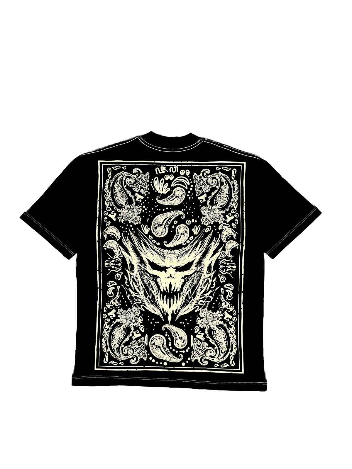 Strength Within Premium oversized tee in black, back flat lay with cream ornamental demon panel print