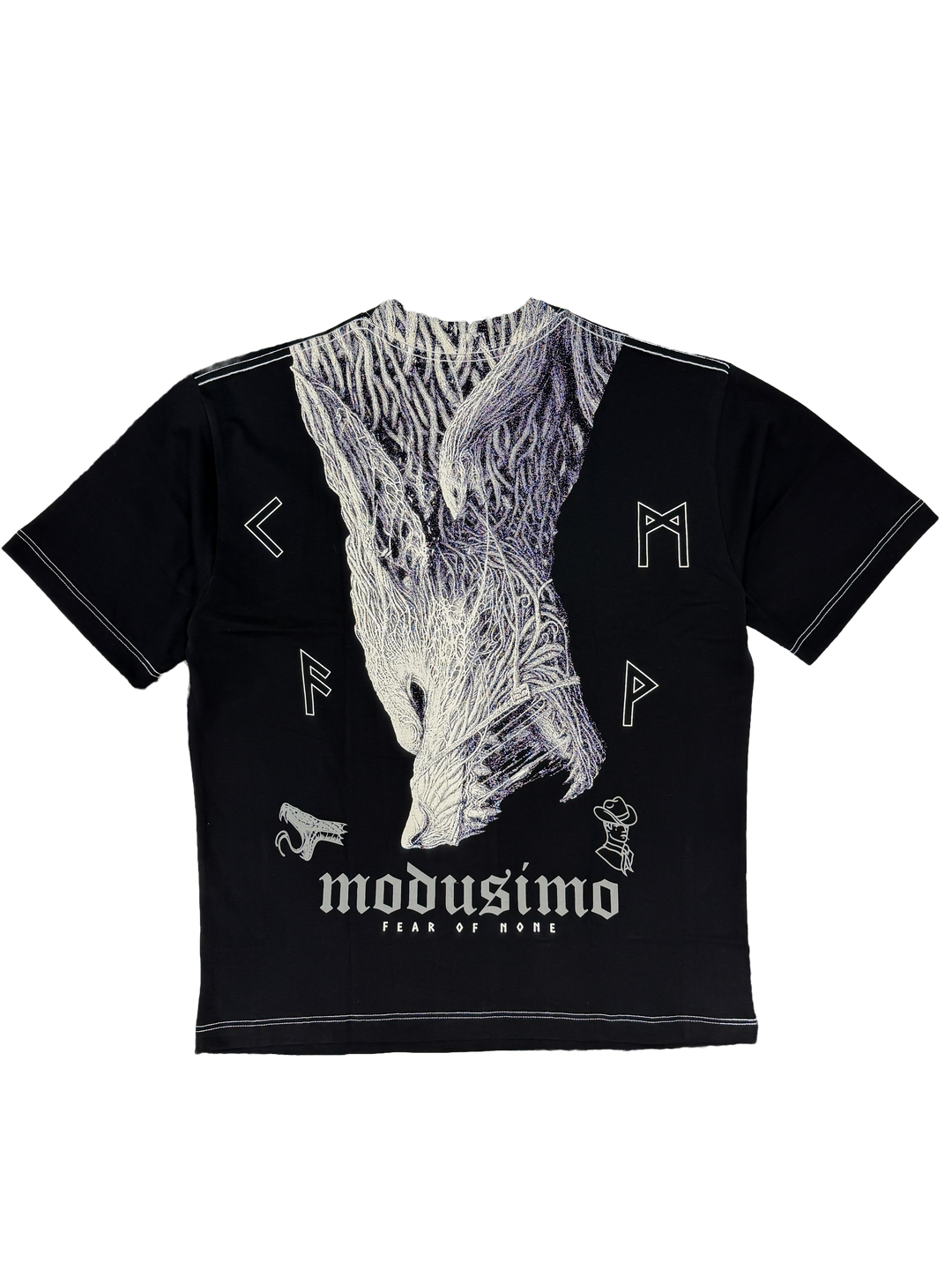 Black t-shirt with white graphic design and 'modusimo' branding on a white background
