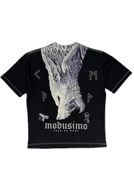 Fenrir Premium oversized tee in black, back flat lay with white wolf print and Modusimo logo