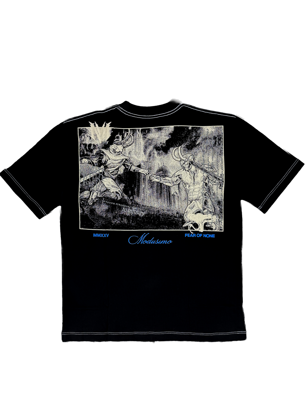 Black t-shirt with graphic design on a white background