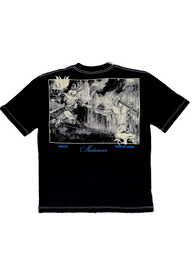 Gatekeeper Premium oversized tee in black, back flat lay with framed classical battle artwork print
