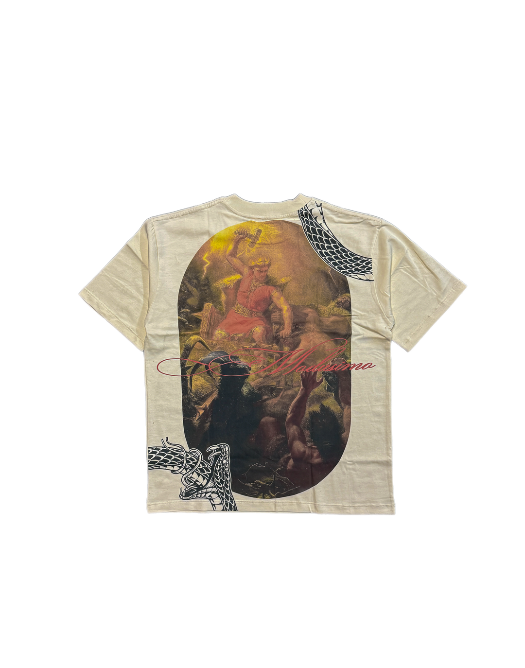 Beige t-shirt with artistic design and text on a white background