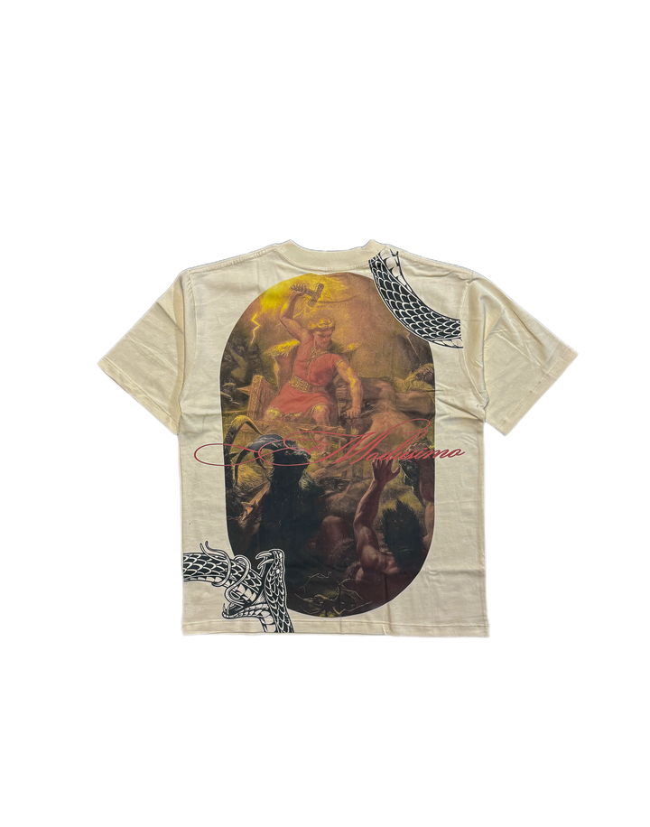 Beige t-shirt with artistic design and text on a white background