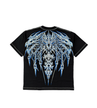Onigami Premium oversized tee in black, back flat lay with icy blue demon mask print