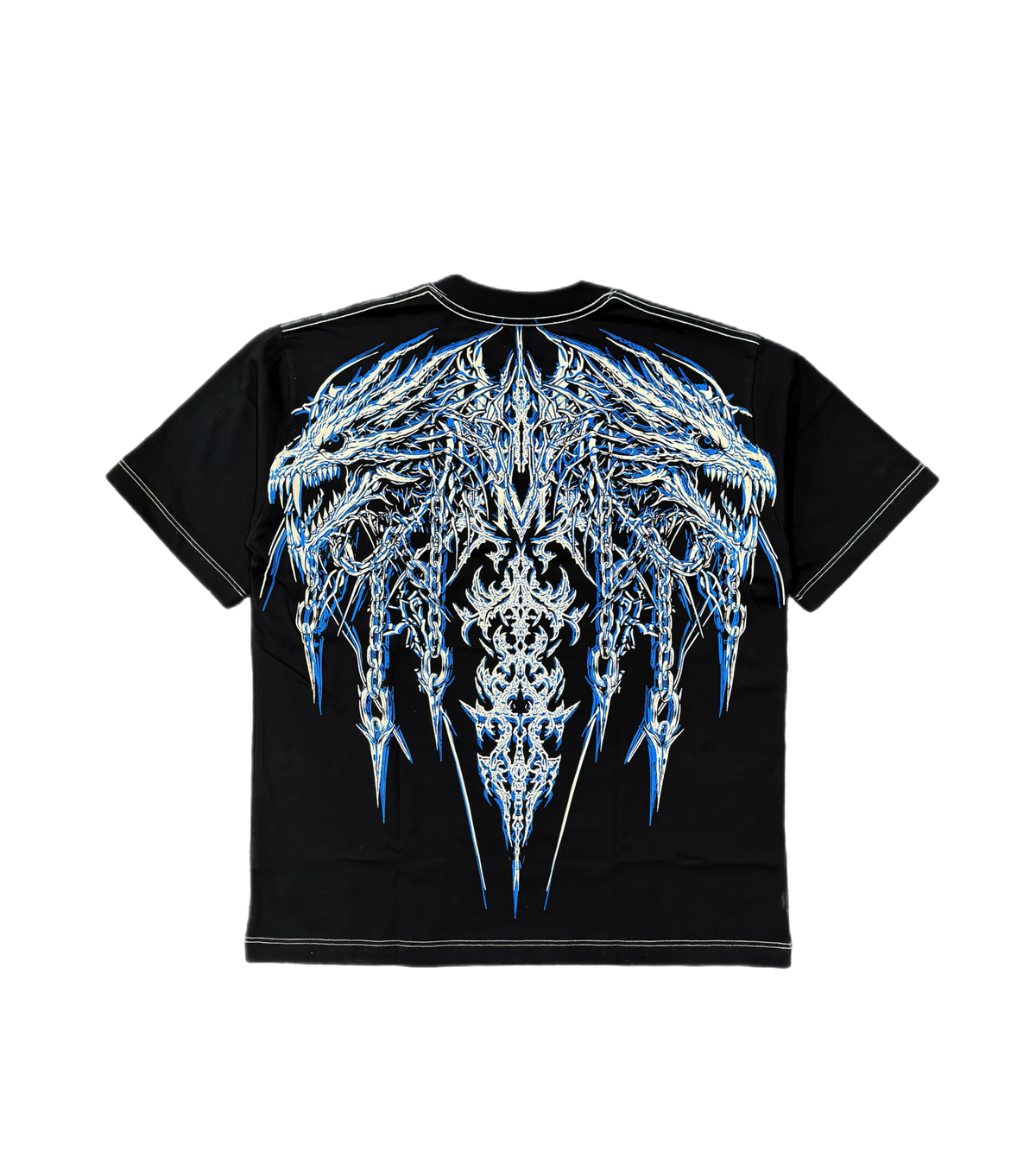 Onigami Premium oversized tee in black, back flat lay with icy blue demon mask print
