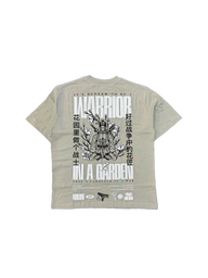 Hanzo Premium oversized tee in snakestone beige, back flat lay with samurai and Japanese text print