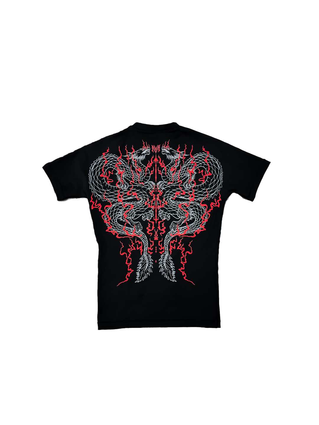 Black t-shirt with red and white graphic design on a white background