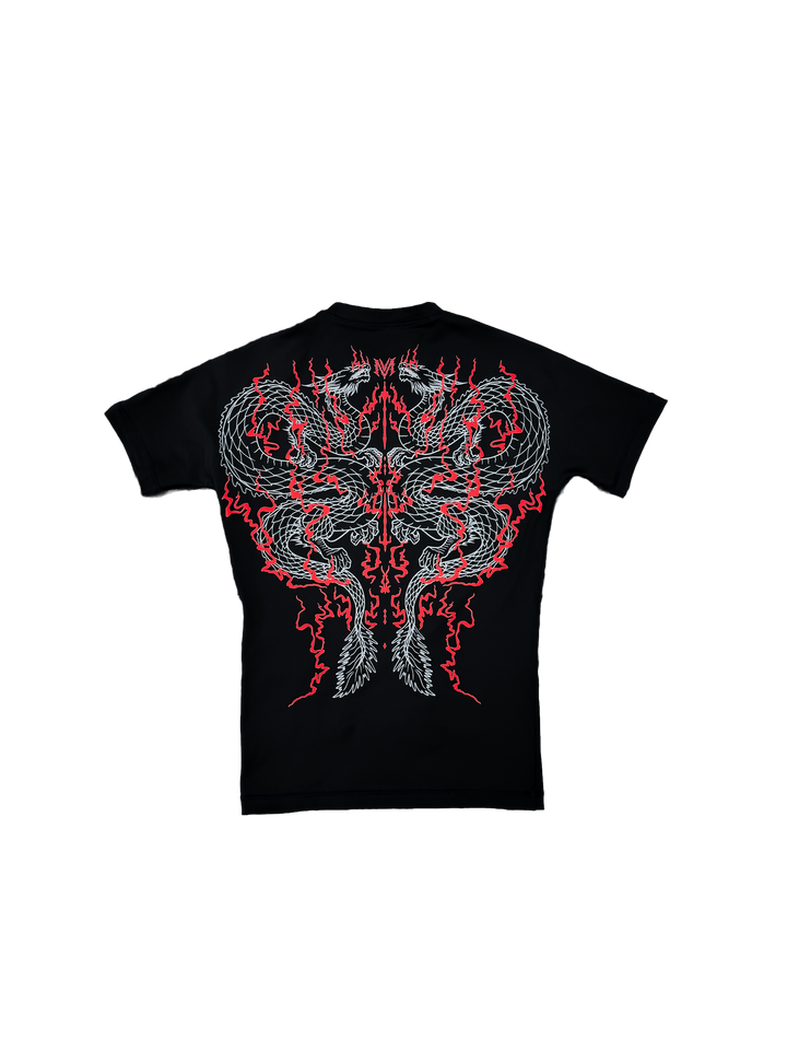 Black t-shirt with red and white graphic design on a white background