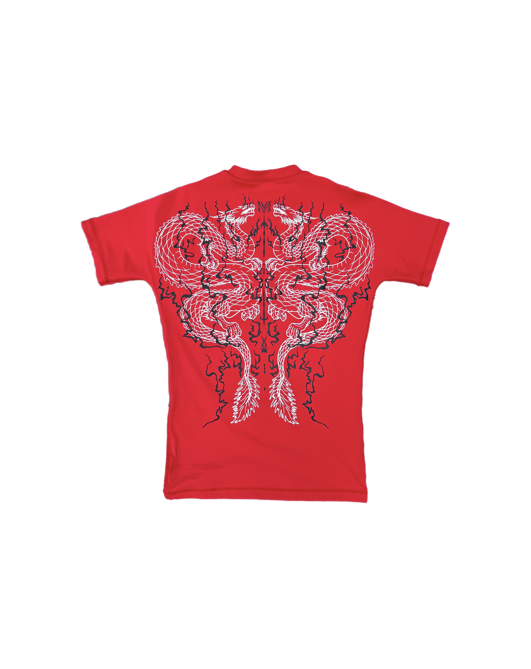 Red t-shirt with a dragon design on the back against a white background