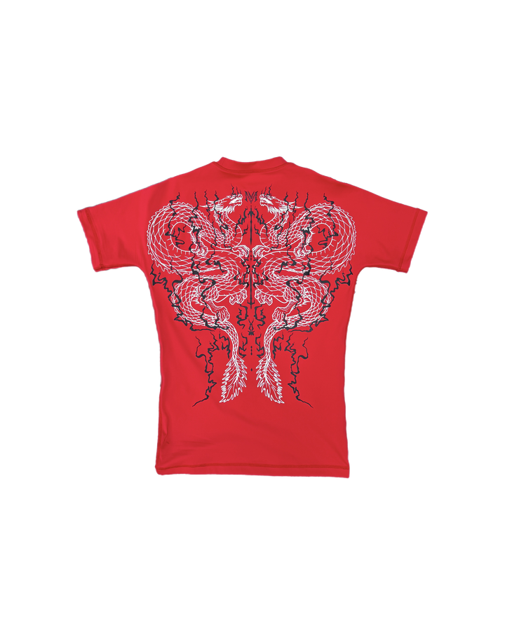 Red t-shirt with a dragon design on the back against a white background