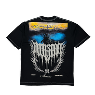 Ragnarok Premium oversized tee in black, back flat lay with blue and gold Modusimo metal logo print