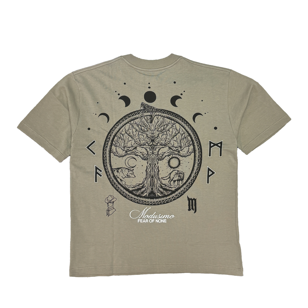 grayt t-shirt with a tree of life design on a white background