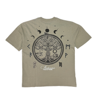 Chase the Night Premium oversized tee in snakestone, back flat lay with moon phase and tree print