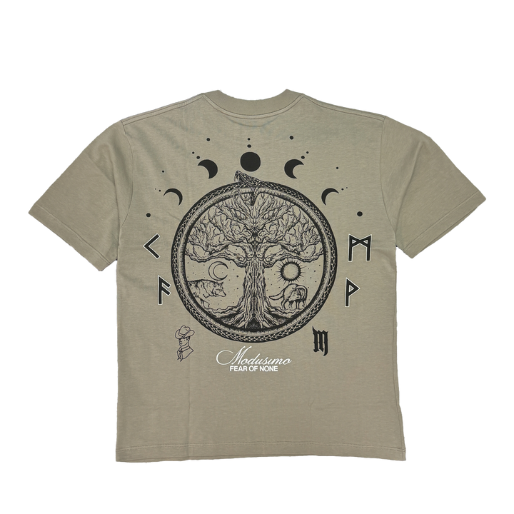 grayt t-shirt with a tree of life design on a white background