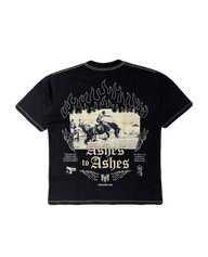 Ashes to Ashes Premium oversized tee in black, back flat lay with vintage horseman graphic