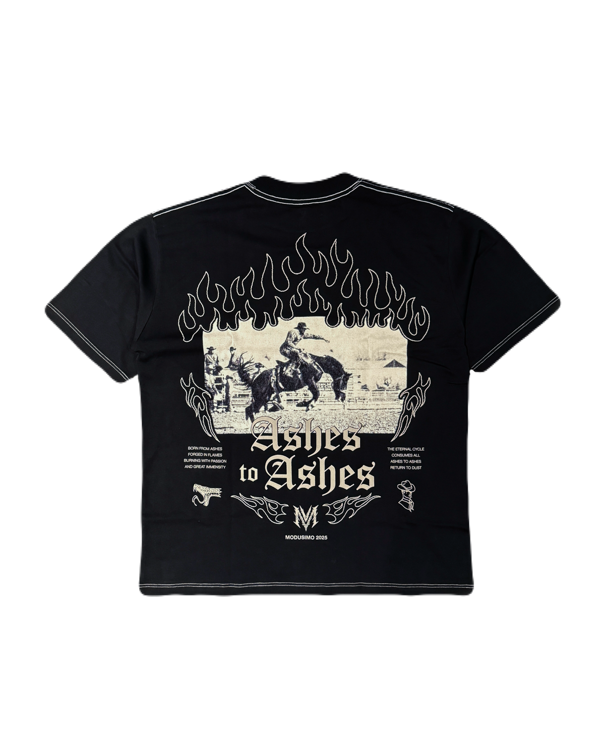Ashes to Ashes Premium oversized tee in black, back flat lay with vintage horseman graphic