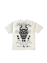 Kenshin Premium oversized tee in pastel cream, back flat lay with black oni mask and kanji print