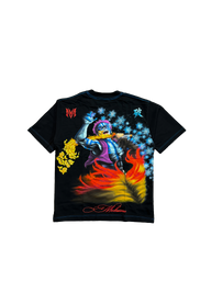Set Your Heart Premium oversized tee in black, back flat lay with flame-haired fighter print