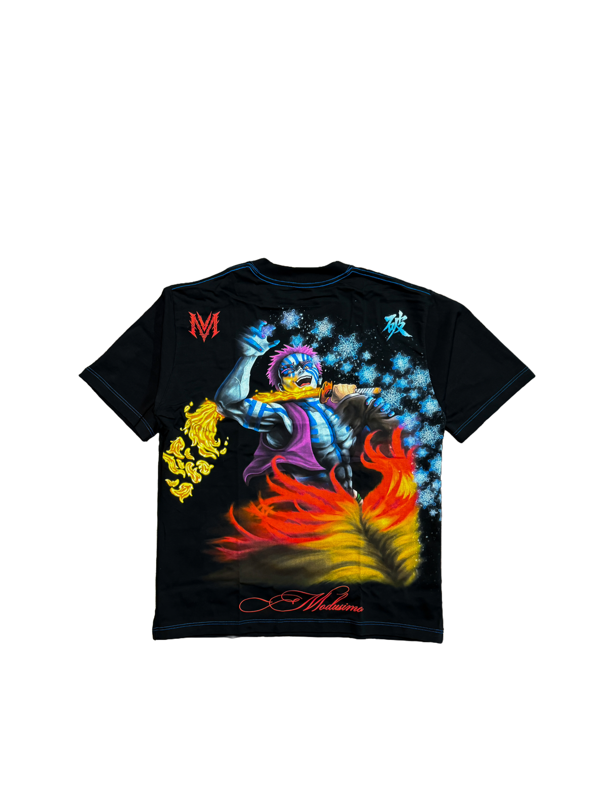 Set Your Heart Premium oversized tee in black, back flat lay with flame-haired fighter print